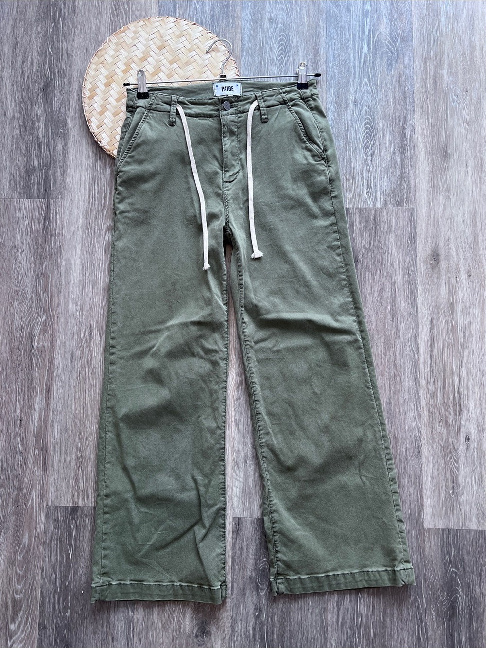 Paige Carly jeans vintage green wide leg mid rise tie waist - Picture 3 of 10